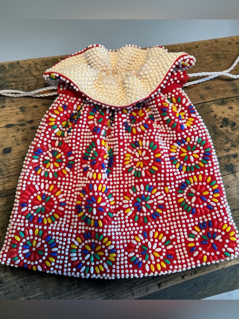 1960s-1970s reversible beaded Hong Kong candy dot drawstring handbag.